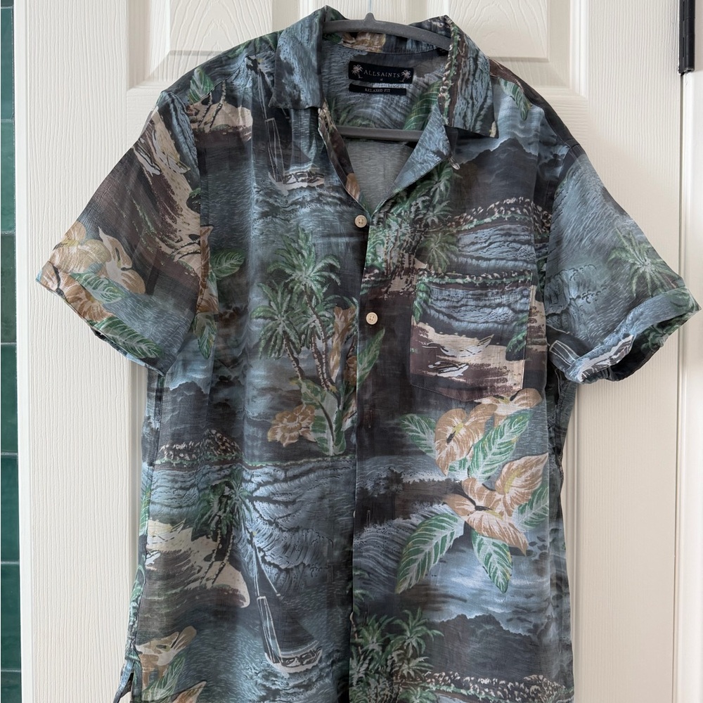 All Saints Men's Short Sleeve Button-Down Shirt in Teal, Green, Brown Print